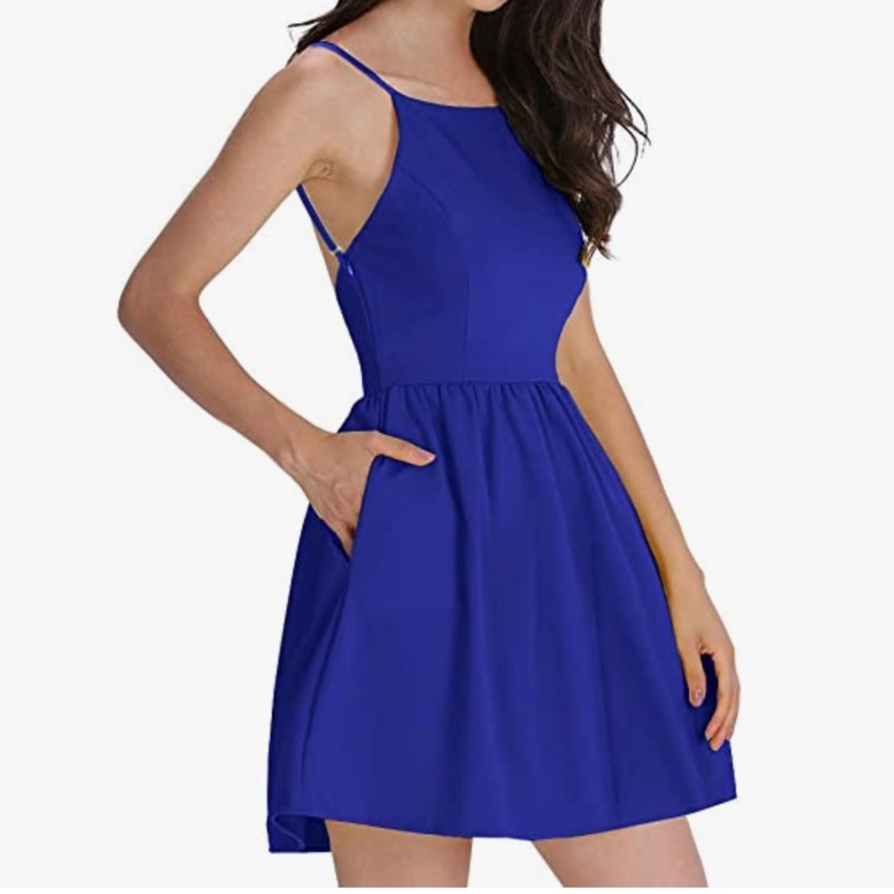 FANCYINN Women Sexy Spaghetti Strap Royal Blue Mini CasualDress Homecoming SizeS